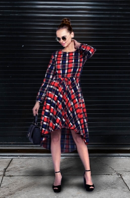 Casual Multi-Checkered Short Dress with a High and Low Hemline and Long Sleeves
