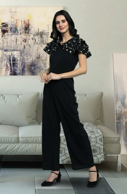 Black Casual Jumpsuit with Contrast Tropical Print Ruffle Cape at the Back