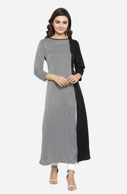 Dual-toned Black and Grey Long Sleeves Boat Neck Striped A-line Casual Kurti