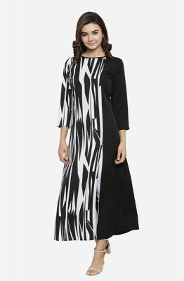 Dual-toned Black and White Long Sleeves Boat Neck Striped A-line Casual Kurti