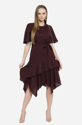 Casual Burgundy Drape Style Dress with Waist Tie and Ruffled Asymmetrical Hemline