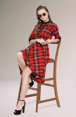 Casual Short Sleeve Red and Black Checkered Short Dress with a High and Low Hemline