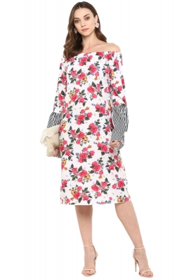 Casual Off-shoulder straight-fit Floral Print Dress with Contrast Bell Sleeves