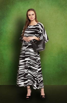 Formal Asymmetrical Black n White Pattern Fit and Flare Maxi Dress with Cowl Neck and Cape Sleeves