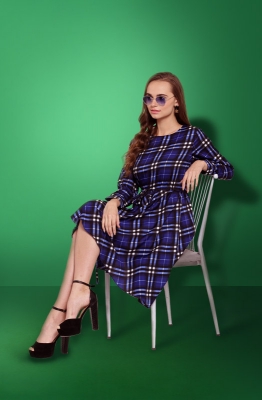 Casual Blue-Checkered Short Dress with a High and Low Hemline and Long Sleeves