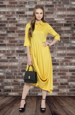 Casual Monochrome Bracelet Sleeves Drape Style Dress with Shirt Collar and Asymmetrical Hemline